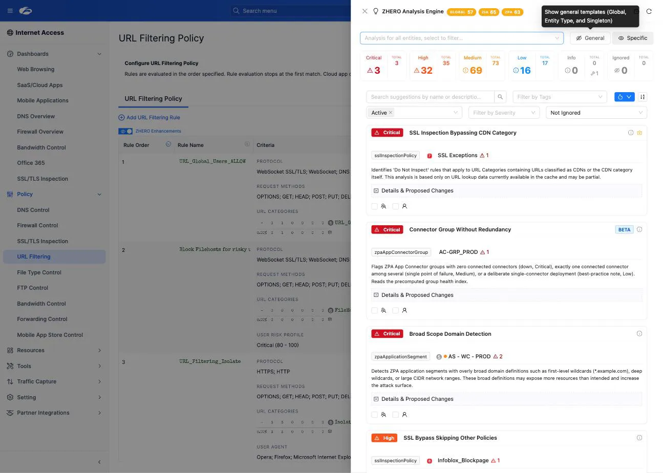 The Analysis Engine drawer scoped to the whole tenant, with severity counters reading Critical 3, High 32, Medium 69, Low 16, a General and Specific toggle, tag and severity filters, and the first findings listed with their entity type, affected entity and a Details and Proposed Changes strip