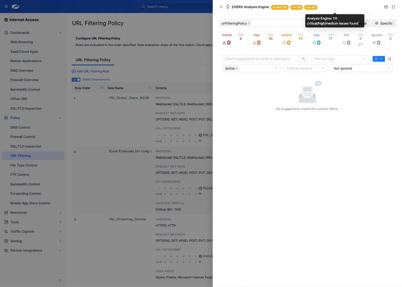 The Analysis Engine opened from a policy page, with the scope selector already filtered to the entity type of that page