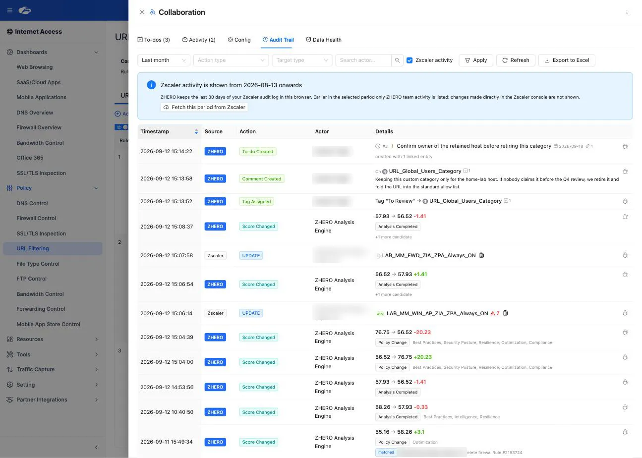 The unified Audit Trail with ZHERO and Zscaler entries interleaved in one table, each row carrying its source badge, the action, the actor and the detail, including score changes with their before and after values and the templates that moved them. Actor names are redacted in this screenshot
