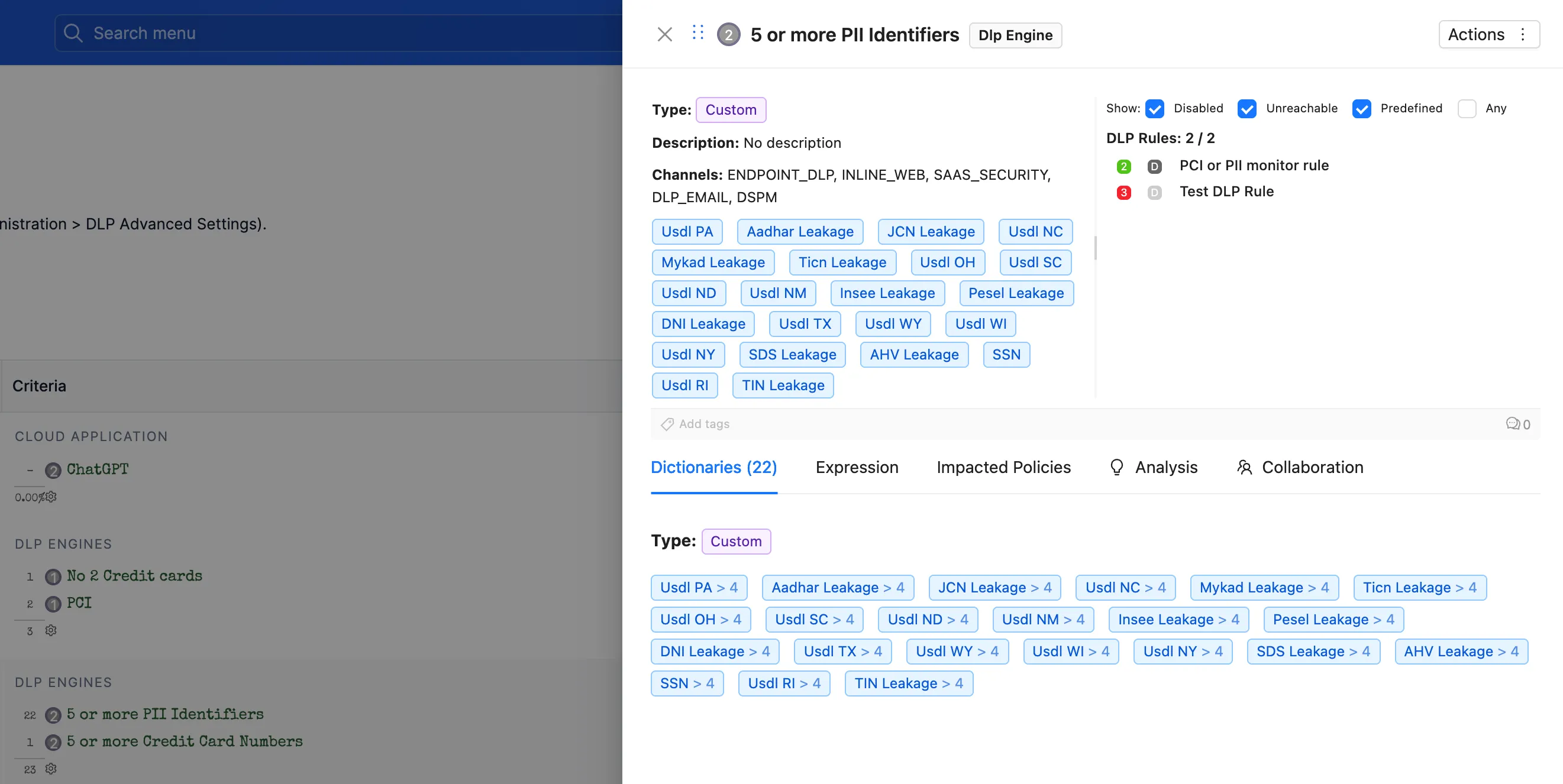 The drawer of the DLP engine 5 or more PII Identifiers, opened from a rule on the Data Loss Prevention page: a custom engine with its channels, the Dictionaries tab with its 22 dictionaries, each with its threshold (SSN > 4, TIN Leakage > 4), and the two DLP rules that use it