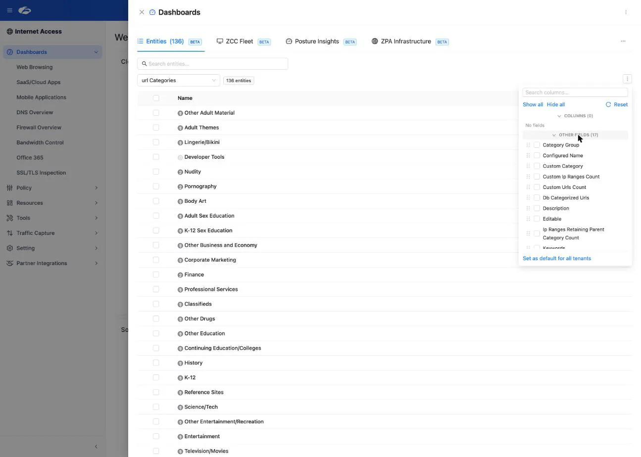 The column configurator for the entities table, with the available columns, their order, and the option to set the selection as the default for all tenants