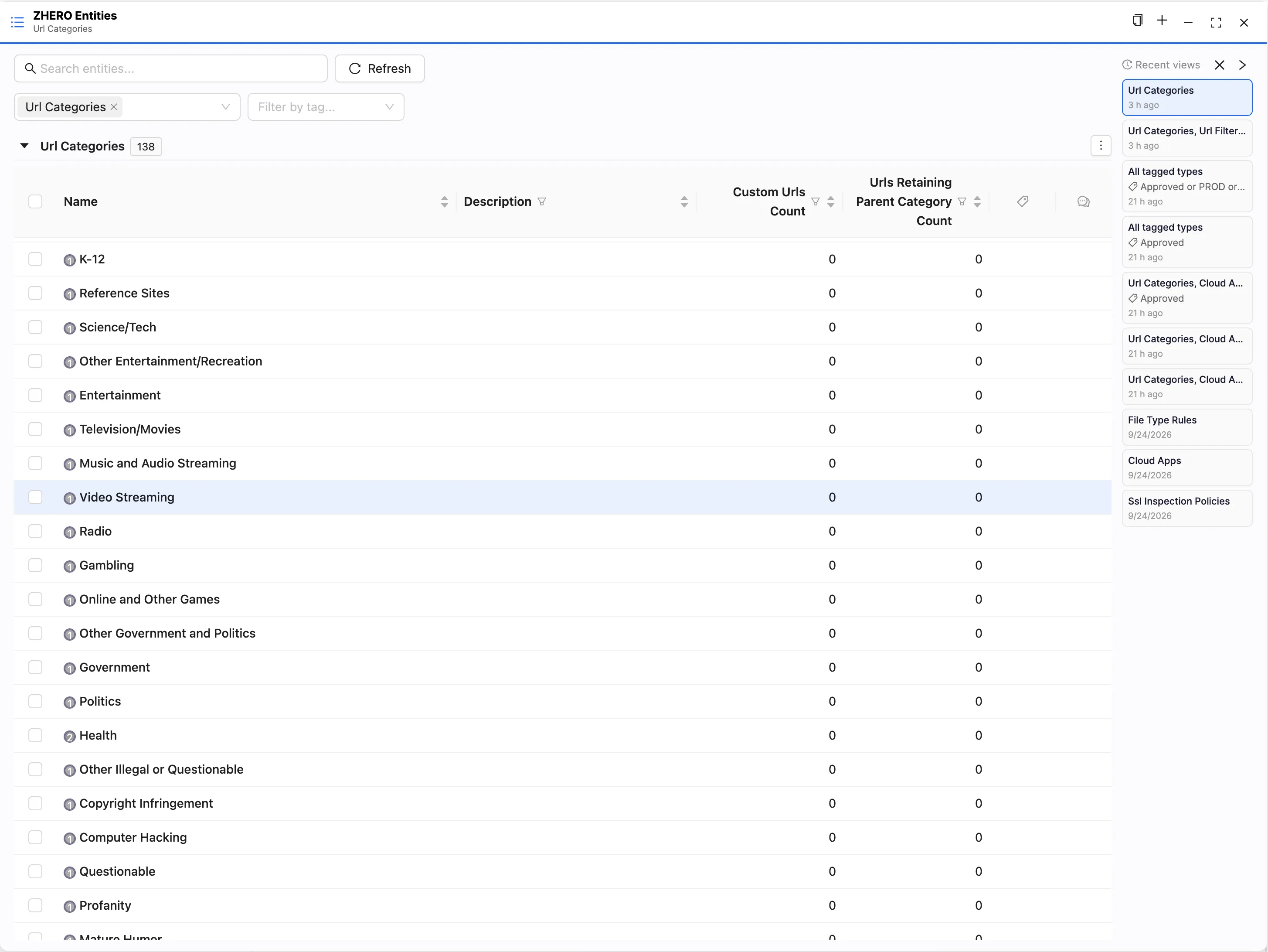Open all Url Categories, chosen from the Actions menu of Video Streaming: the panel lists all 138 URL categories with the Video Streaming row highlighted and scrolled into view, and the Recent views rail open at the side