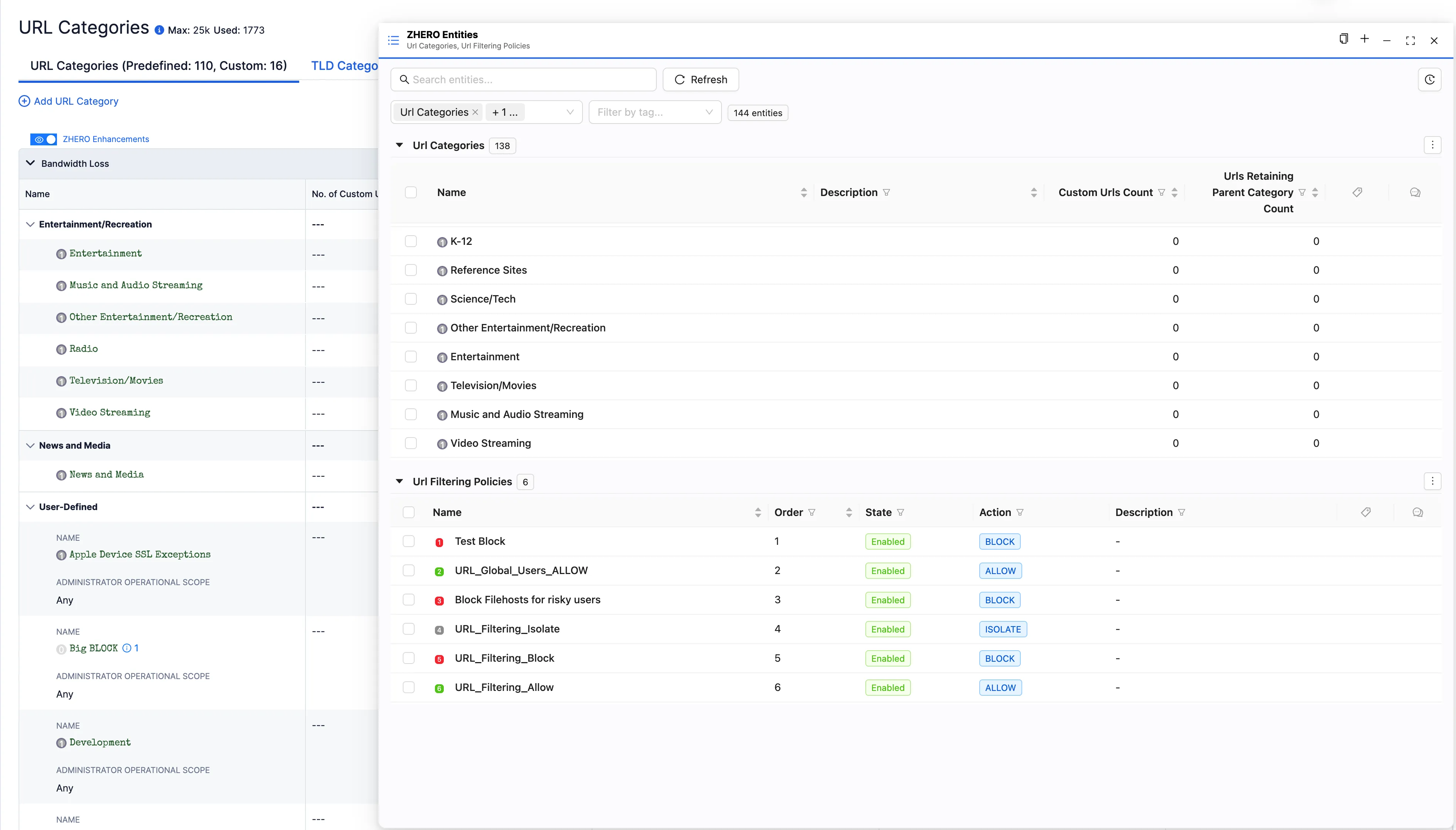 The ZHERO Entities panel floating over the URL Categories page of the console: two blocks, Url Categories (138) and Url Filtering Policies (6), 144 entities in all, each block with its own columns; the console page stays visible and usable at the left