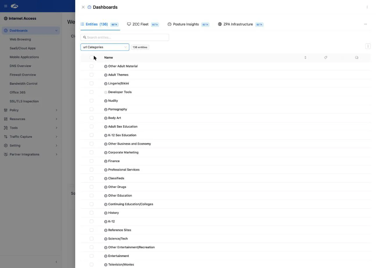 The Entities tab listing 136 URL categories, each row carrying the entity name plus the tag and comment columns
