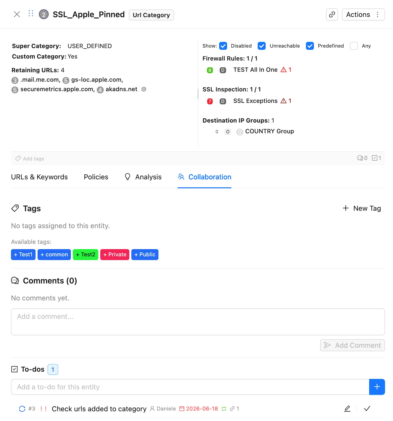 Collaboration tab of a URL category drawer, showing available tags, the comments thread and a linked to-do