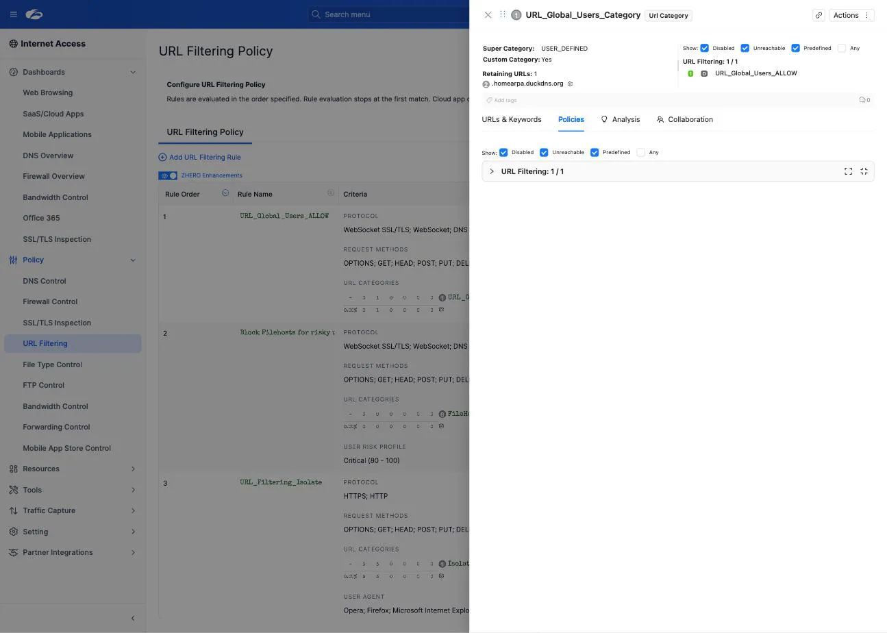The Policies tab of the drill-down drawer, listing every rule that uses this entity, with filters for Disabled, Unreachable, Predefined and Any