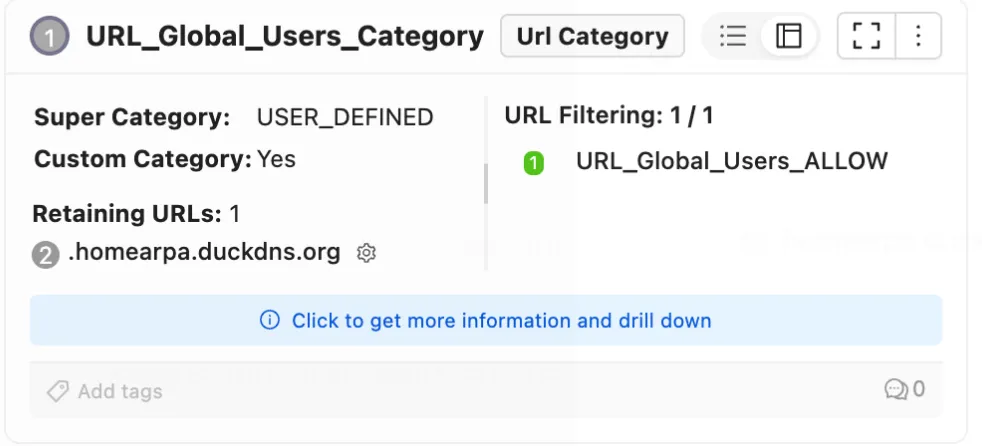 Hover card for the URL category URL_Global_Users_Category, showing super category USER_DEFINED, custom category yes, one retaining URL, the single URL filtering rule that uses it, a tag field and a comment counter, with a "Click to get more information and drill down" strip