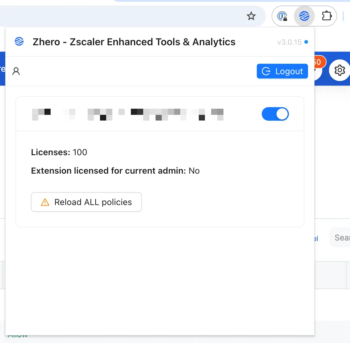 The ZHERO extension popup in the browser toolbar, with the Reload ALL policies and Logout buttons
