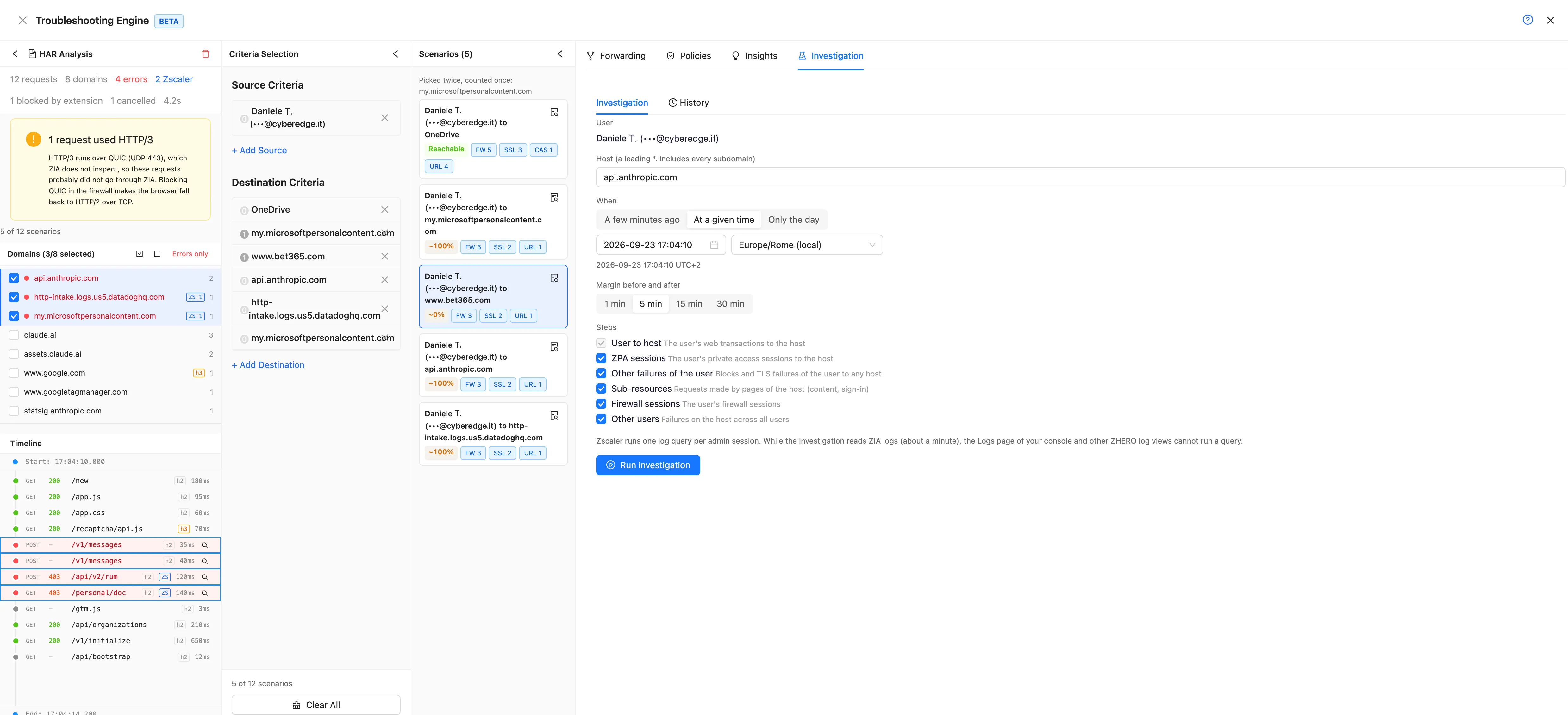 After Investigate this request: the Investigation tab opened on the host of the failed request, api.anthropic.com, At a given time set to the second of the request, with the margin and the steps ready and Run investigation waiting to be pressed