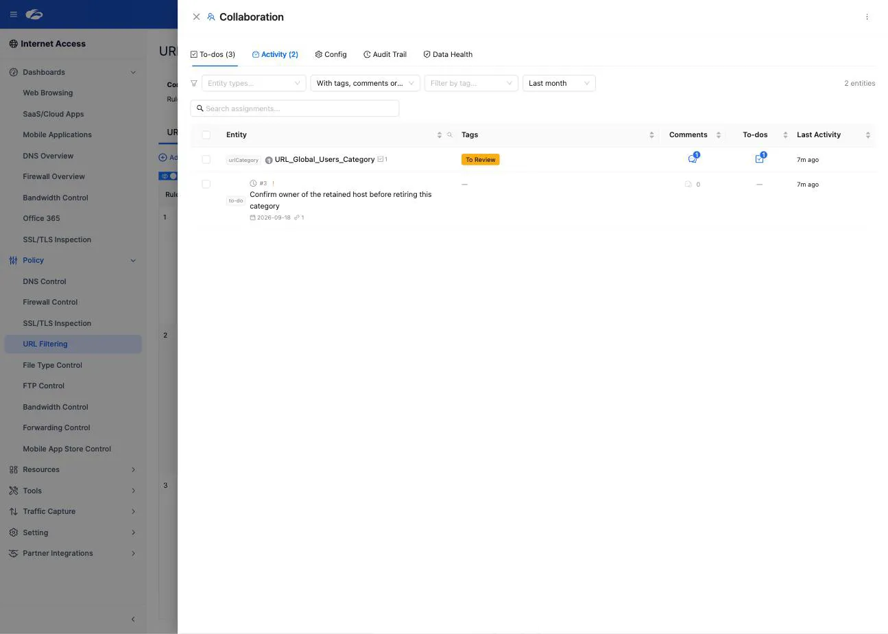 The Activity tab of the Collaboration hub, listing the entities that carry tags, comments or to-dos, with counters per column and the time of the last activity