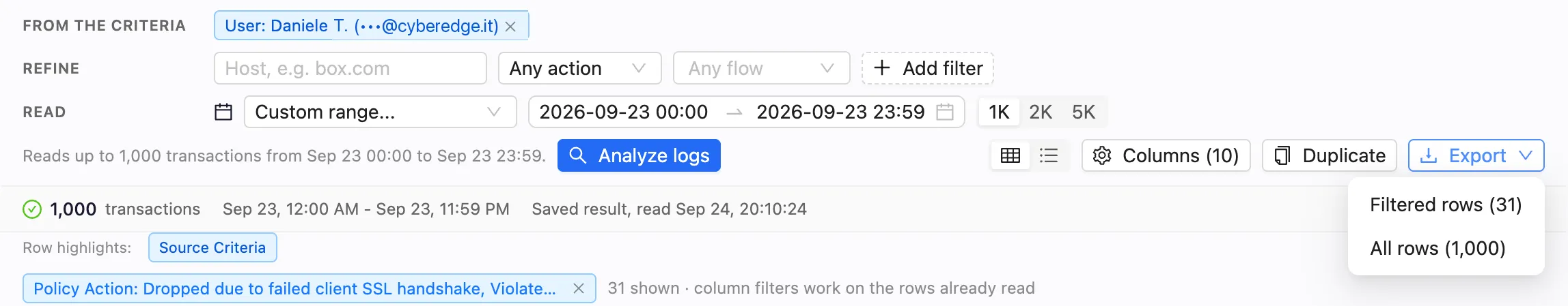 The same filtered table with the Export menu open: Filtered rows (31) and All rows (1,000)