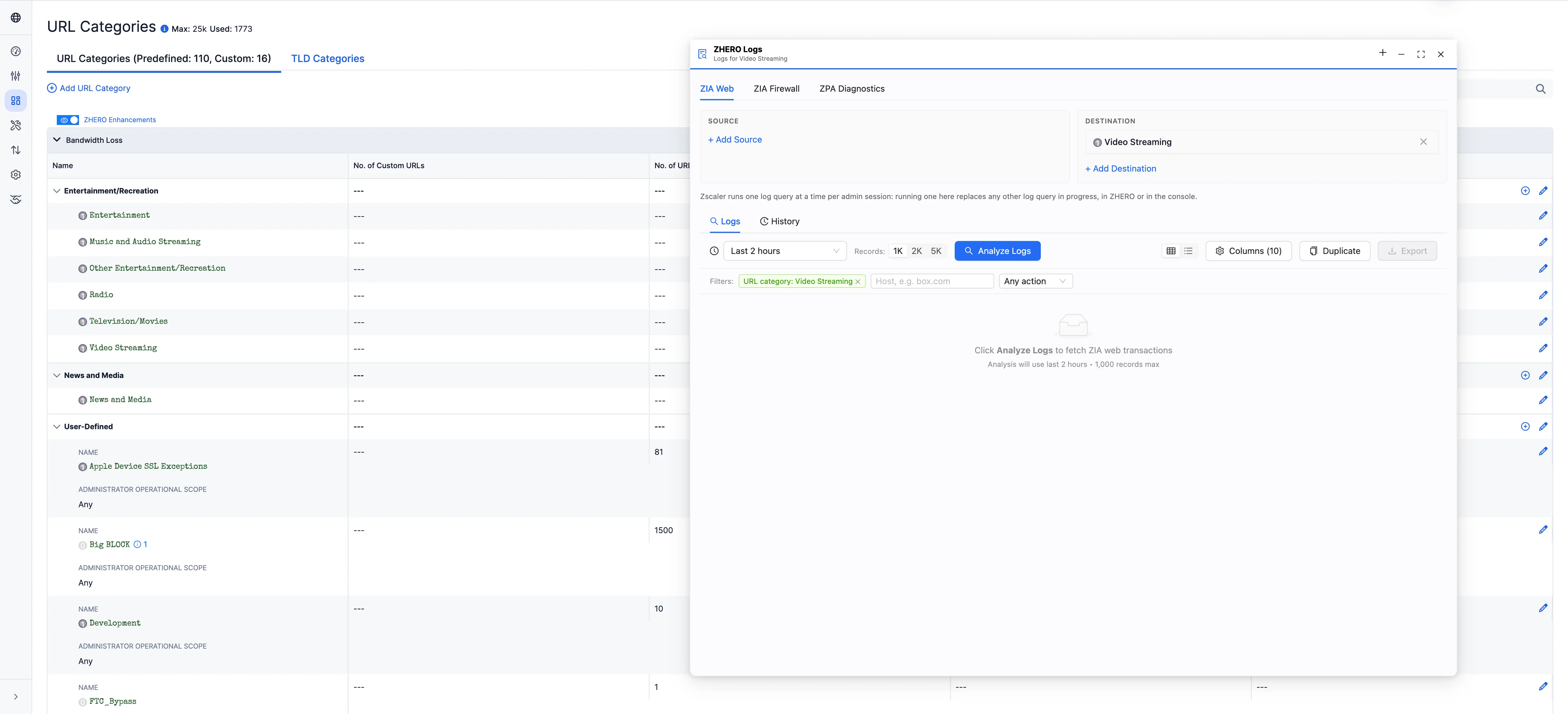 The ZHERO Logs panel floating over the URL Categories page of the console, opened from a URL category: the ZIA Web, ZIA Firewall and ZPA Diagnostics tabs, the destination and the filter already set to Video Streaming, and the query waiting for Analyze Logs