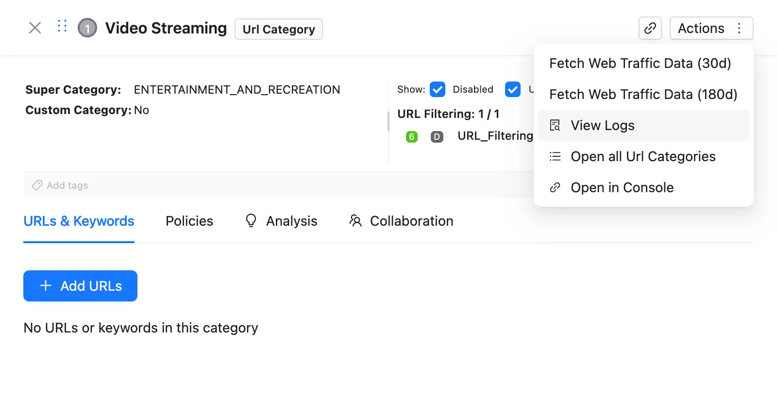 The Actions menu of a URL category in the ZHERO drawer, with View Logs next to Fetch Web Traffic Data, Open all Url Categories and Open in Console