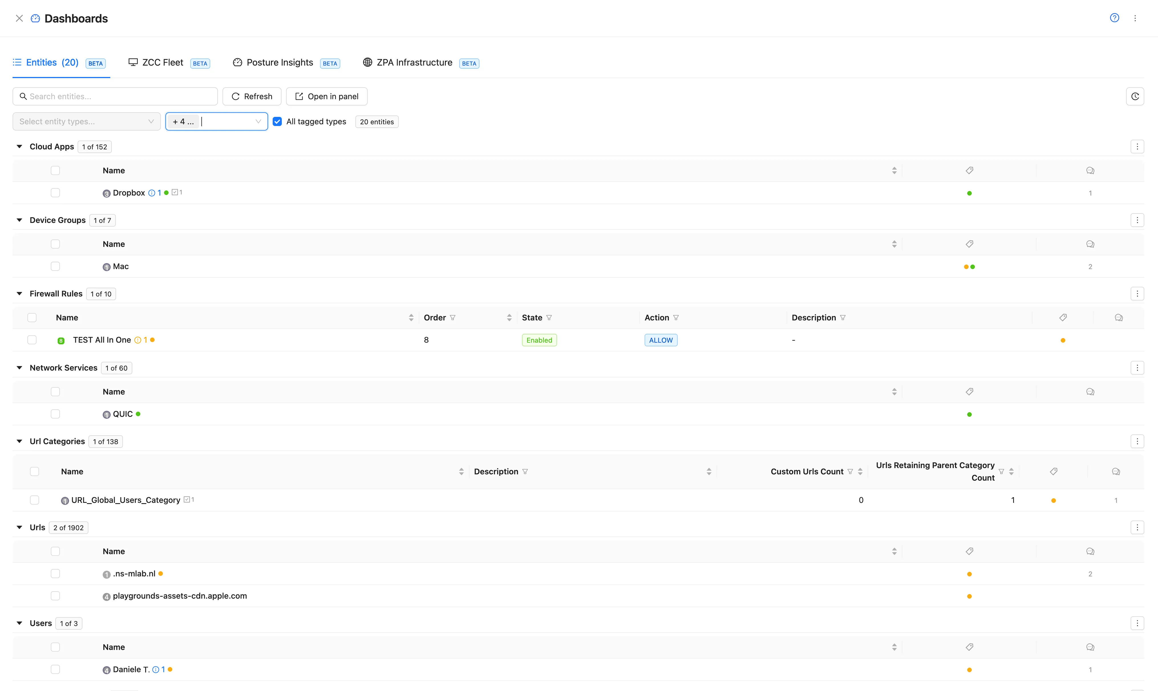 The Entities tab filtered by tag with All tagged types: 20 entities in seven blocks, one per type (cloud apps, device groups, firewall rules, network services, URL categories, URLs, users), each with its own count, columns and tag and comment indicators