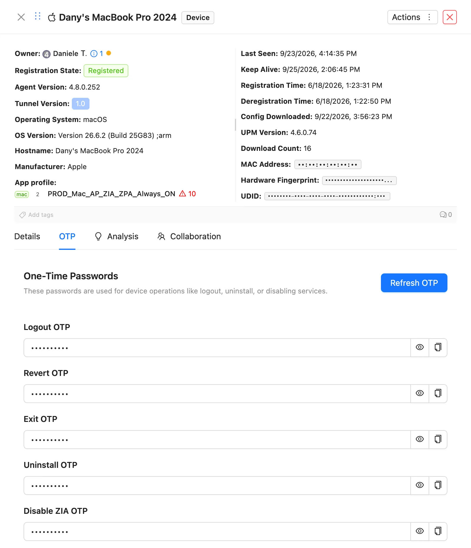 The drawer of a user's macOS device on an Experience Center tenant, read with the console session and no OneAPI configured: opened from the user card with Devices, Load, it shows owner, registration state, agent and OS versions, app profile, and the OTP tab after Load OTP, with the Logout, Revert, Exit, Uninstall and Disable ZIA one-time passwords masked until you reveal one with the eye, and Refresh OTP