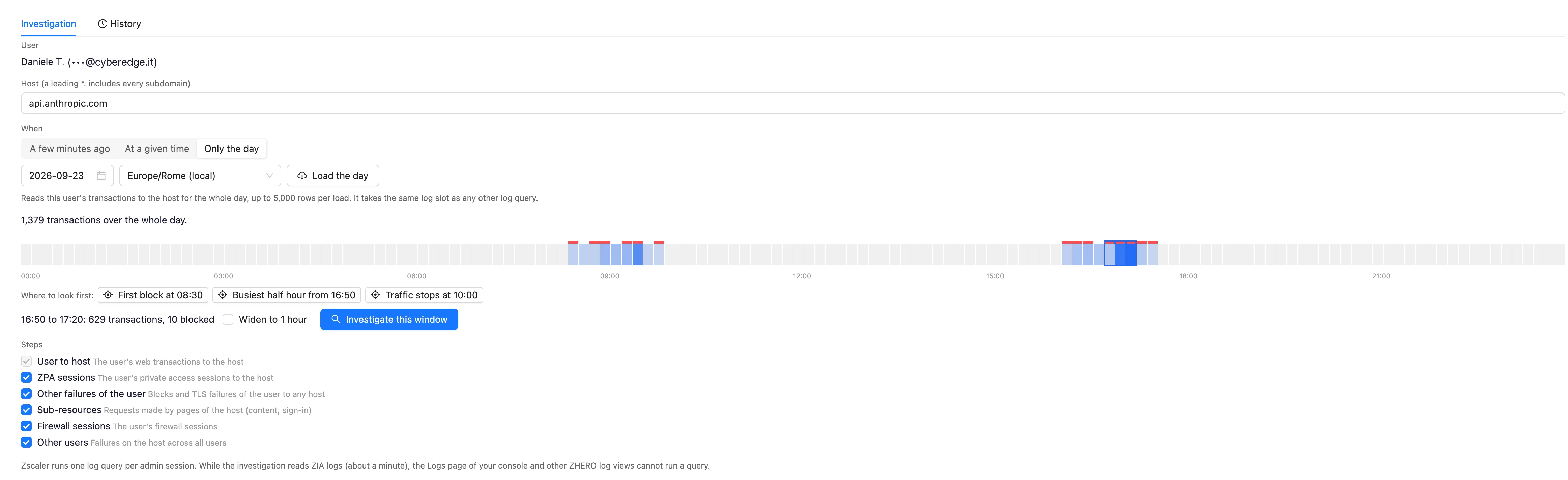 Only the day for a host: the day and its timezone, Load the day, a heatmap of the whole day with the blocked cells marked in red, the Where to look first shortcuts (first block, busiest half hour, when traffic stops), a selected 30 minute window with its counts, and Investigate this window