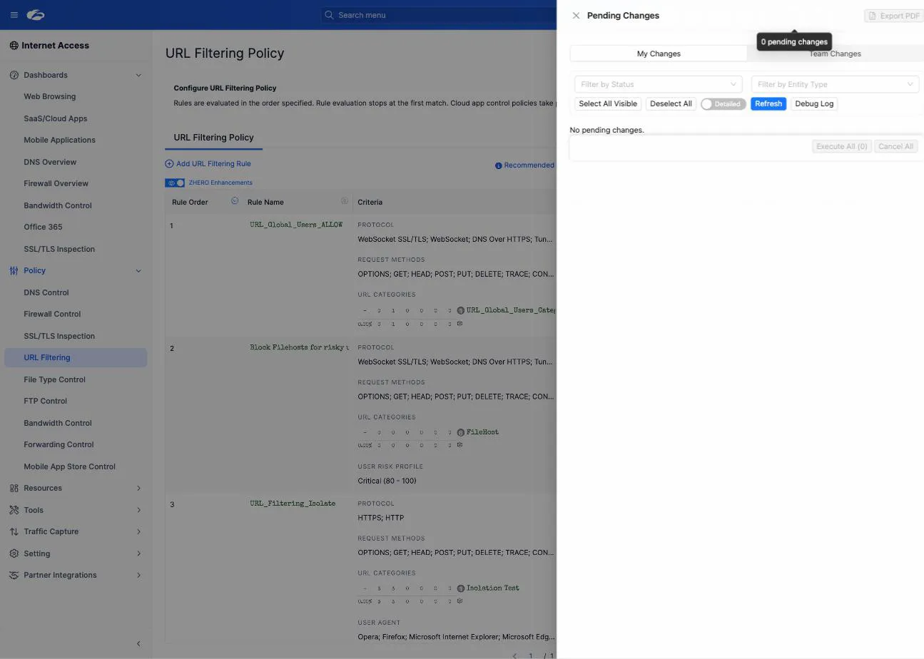 The Pending Changes drawer with an empty queue, showing the My Changes and Team Changes tabs and the Execute All, Cancel All and Export PDF controls