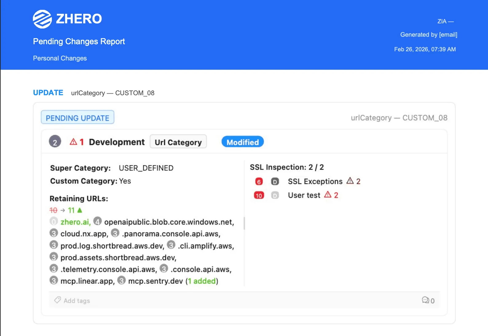 First page of a Pending Changes Report PDF: ZHERO header with tenant, author and timestamp, subtitle Personal Changes, then an UPDATE entry on a URL category rendered as an entity card marked PENDING UPDATE, showing the retained URLs going from 10 to 11 with the added entry highlighted, and the SSL inspection policies that reference the category
