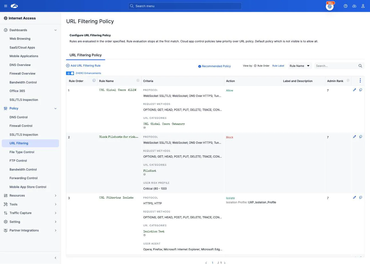 A Zscaler URL Filtering Policy table with ZHERO Enhancements switched on, showing the usage badges ZHERO adds inline next to each URL category in the rule criteria