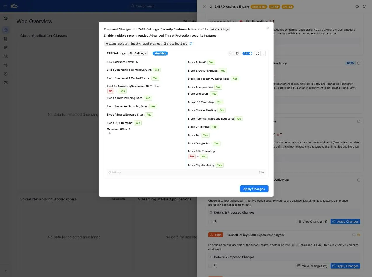 The Proposed Changes modal for the finding "ATP Settings: Security Features Activation", headed by the action it will perform (update on the atpSettings entity). The entity card is badged Modified with the Diff toggle on, so the fields that stay put are listed plainly and the two that move render as "No" struck in red followed by "Yes" in green. Apply Changes sits at the bottom right