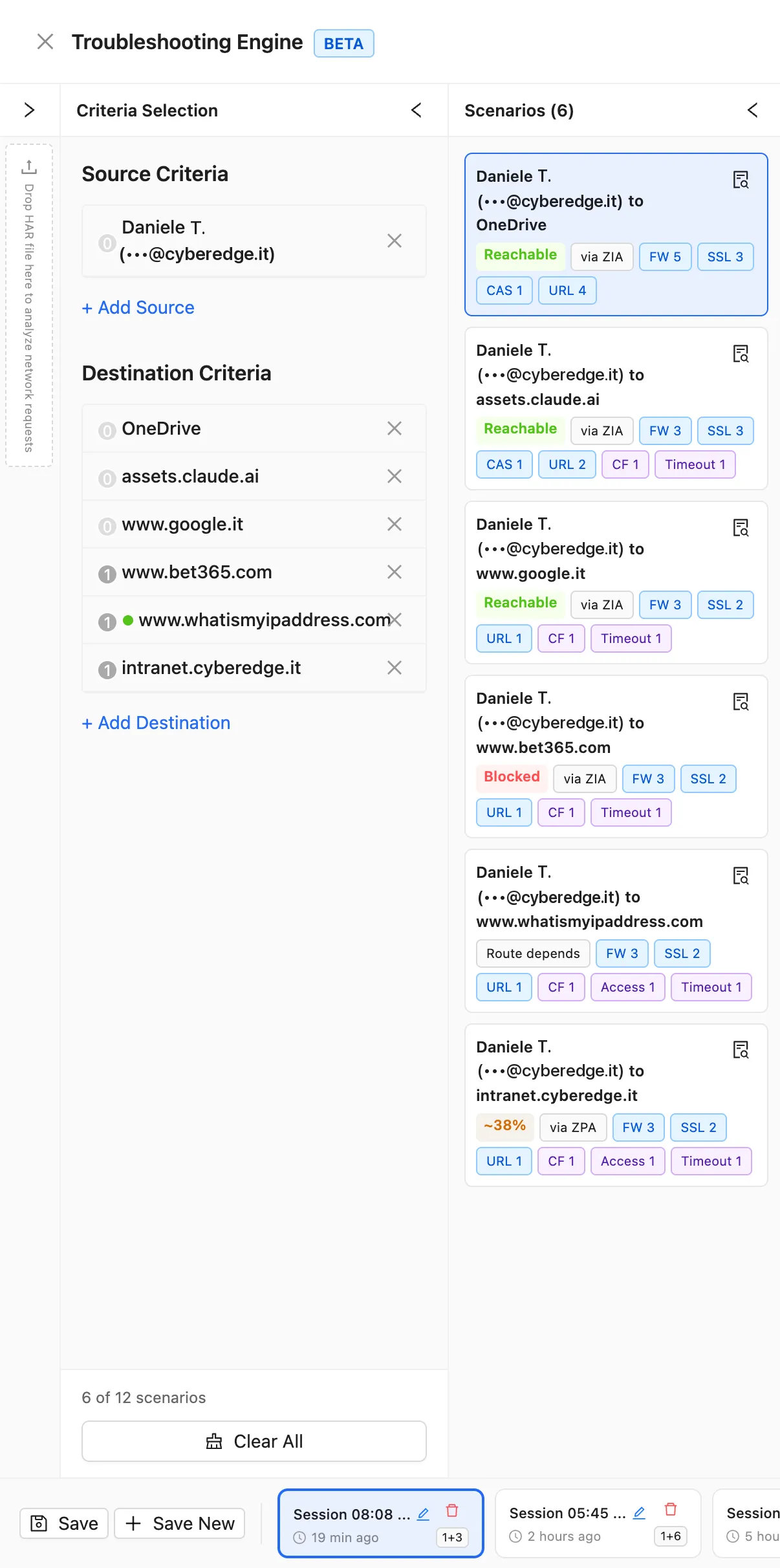 The Troubleshooting Engine with Source Criteria and Destination Criteria on the left and the scenario rail next to them: six scenarios for the same user, the selected one to OneDrive, each with its answer (Reachable, Blocked, Route depends, or a percentage when it is an estimate), whether it goes via ZIA or via ZPA, and the number of matching rules per engine
