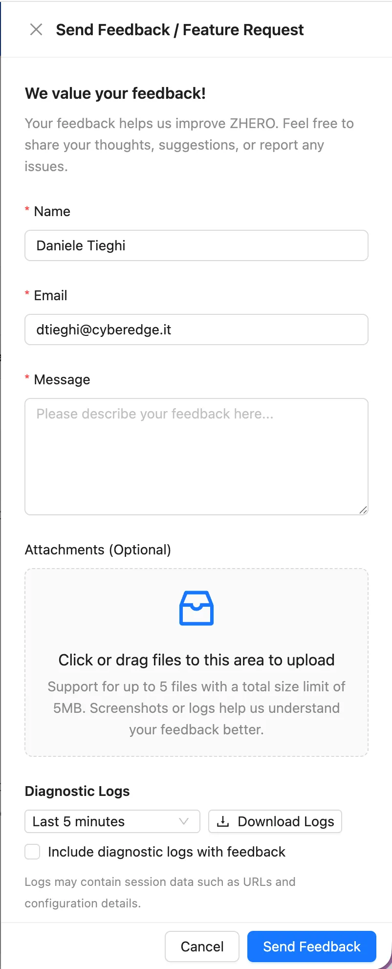 The Send Feedback / Feature Request form, with attachments and the Diagnostic Logs section