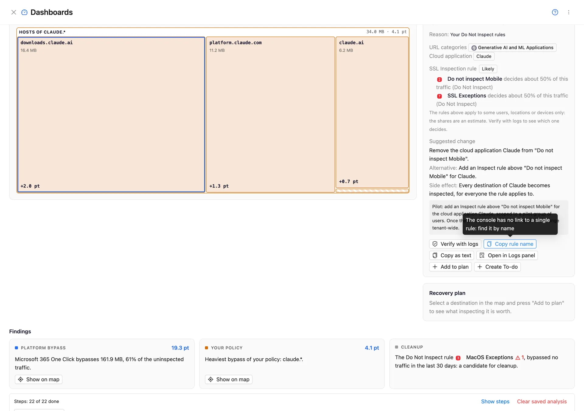 The focus panel scrolled to the pilot text and its actions, with the Findings below the map: Platform bypass, Your policy and a Cleanup finding on an unused Do Not Inspect rule