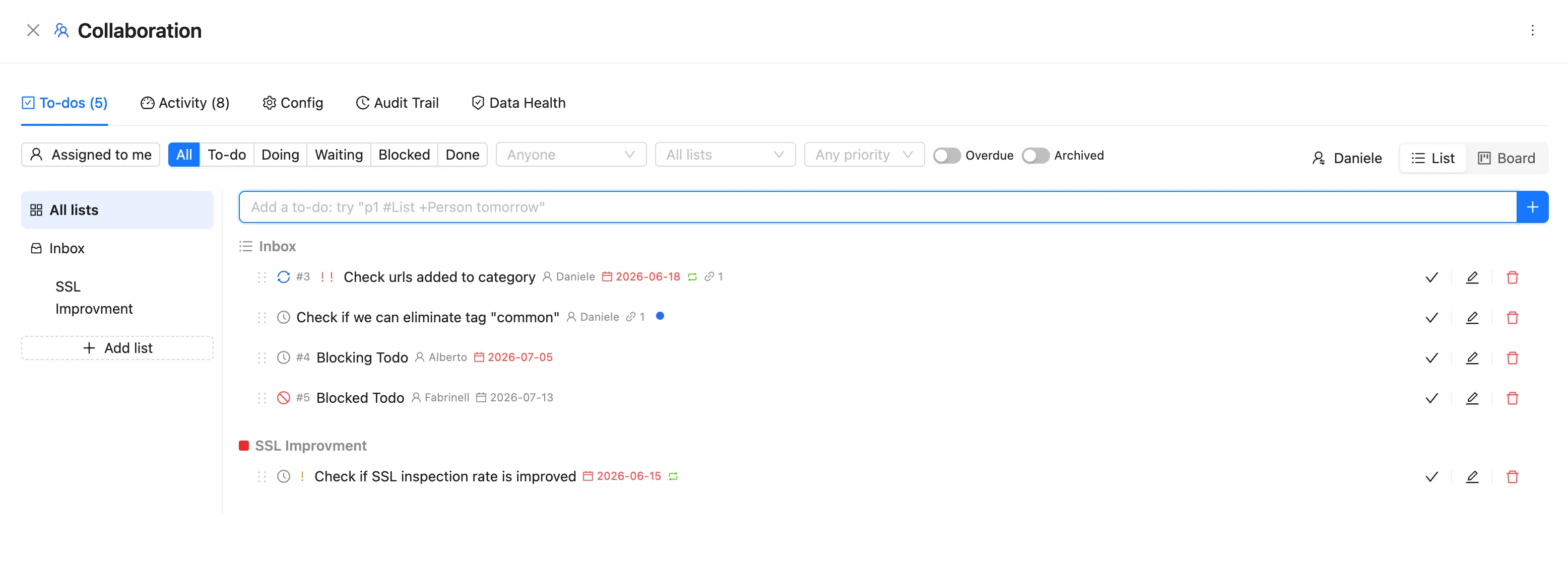 To-dos tab of the Collaboration drawer in List view, with the natural-language quick-add field, lists, priorities, assignees, due dates and entity links