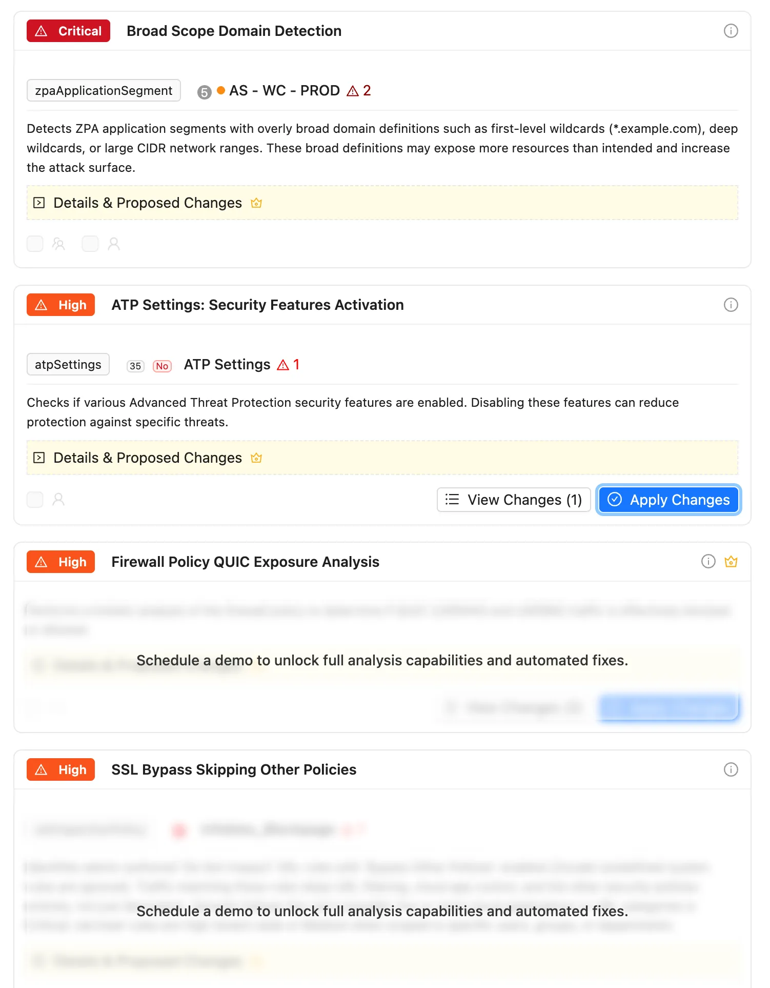 Four findings in the Analysis Engine during a trial. The first two are fully readable, one of them carrying View Changes and Apply Changes buttons. The two below are blurred behind the line "Schedule a demo to unlock full analysis capabilities and automated fixes", with their severity chips and titles still legible