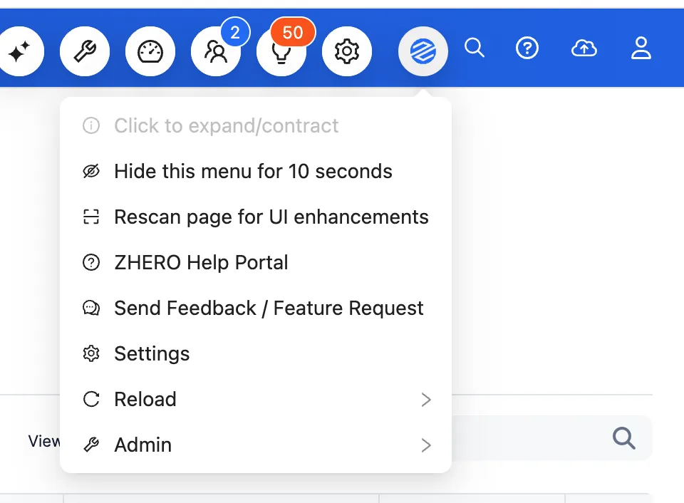 The ZHERO menu in the Zscaler console, opened by hovering over the ZHERO icon, with the Reload entry