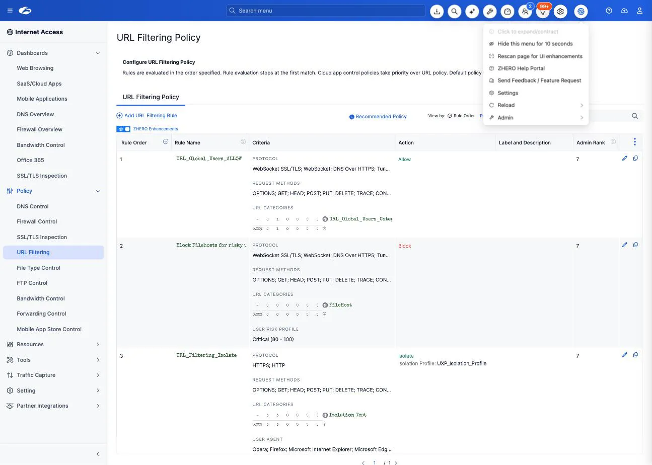 The ZHERO dropdown open over the Zscaler URL Filtering Policy page, listing Hide this menu for 10 seconds, Rescan page for UI enhancements, ZHERO Help Portal, Send Feedback / Feature Request, Settings, Reload and Admin, with the button row fanned out above it